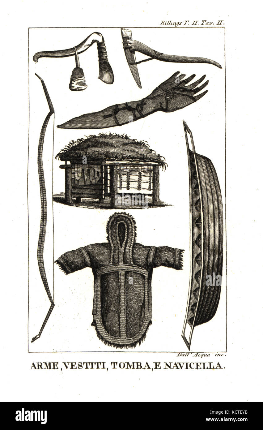 Pick-ascia fatta con un tricheco brosmio, all'ascia in pietra di Alaska, strumento in legno con artigli utilizzati dal popolo Chukchi a caccia di tricheco, tomba del Unalaskans e baidar (barca), abito e bow utilizzato dai nativi su entrambi i continenti a stretto di Bering.da Joseph Billings e Martin Sauer è un conto di una spedizione per le regioni settentrionali della Russia. Incisione su rame da Dell'Acqua da Giovanni Battista Sonzogno la raccolta dei più interessanti Viaggi (Raccolta de Viaggi più interessanti), Milano, 1815-1817. Foto Stock