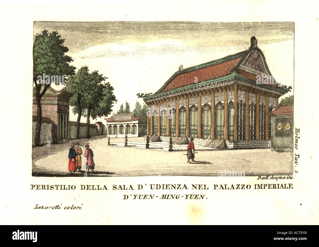 Peristilio di un tribunale nel palazzo imperiale a Yuen-Ming-Yuen, vicino a Pechino, in Cina. Da Samuel Holmes' ufficiale di un viaggio in Cina e Tartary, 1798. Incisione su rame da Dell'Acqua handcolored Lazaretti da Giovanni Battista Sonzogno la raccolta dei più interessanti Viaggi (Raccolta de Viaggi più interessanti), Milano, 1815-1817. Foto Stock