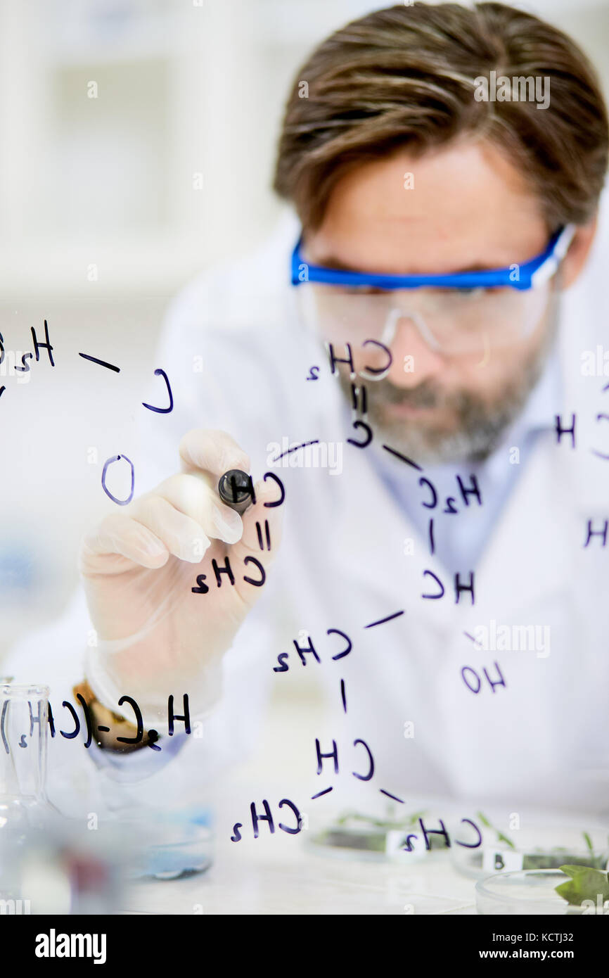 Scienziato barbuto avvolto in un lavoro Foto Stock