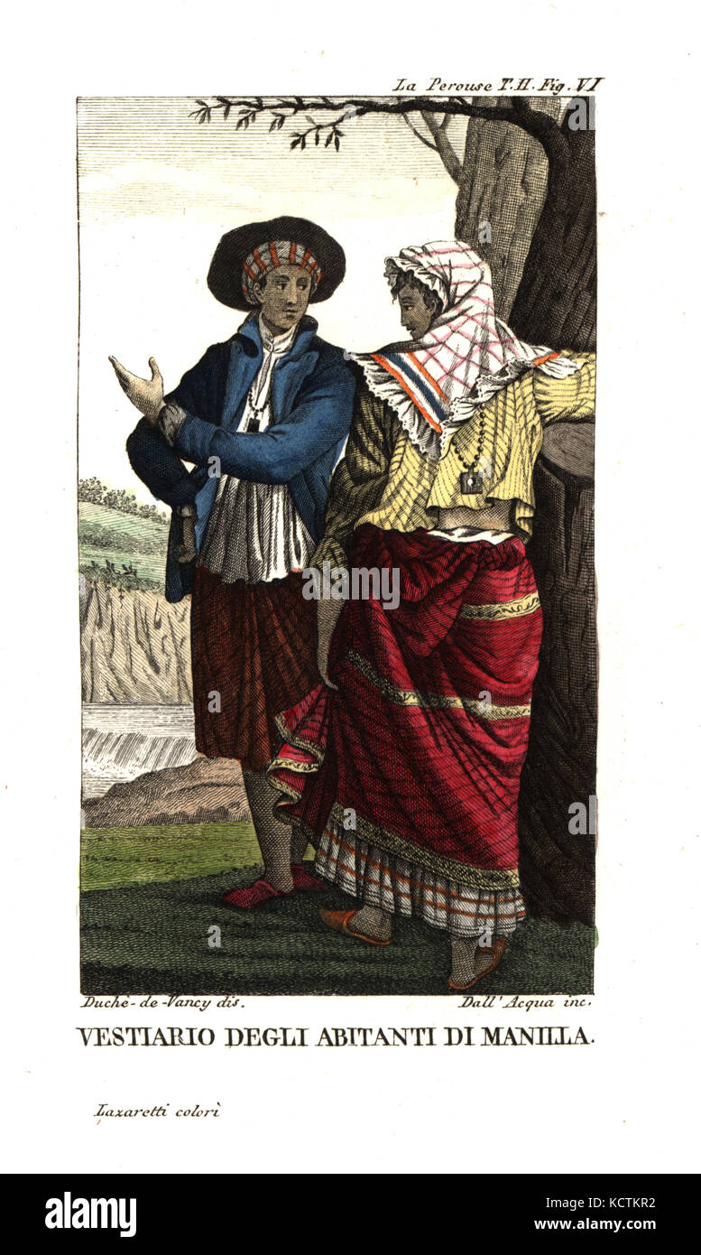 I costumi del popolo di Manila, Filippine. L uomo e la donna in striped bandana e scialle. Illustrazione di Gaspard Duche de Vancy da Jean Francois Laperouse il viaggio. Incisione su rame da Dell'Acqua handcolored Lazaretti da Giovanni Battista Sonzogno la raccolta dei più interessanti Viaggi (Raccolta de Viaggi più interessanti), Milano, 1815-1817. Foto Stock