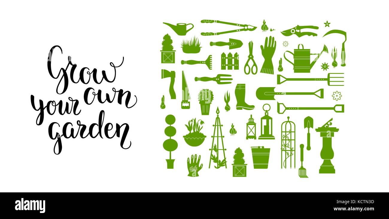 Giardino Verde con set di strumenti Illustrazione Vettoriale