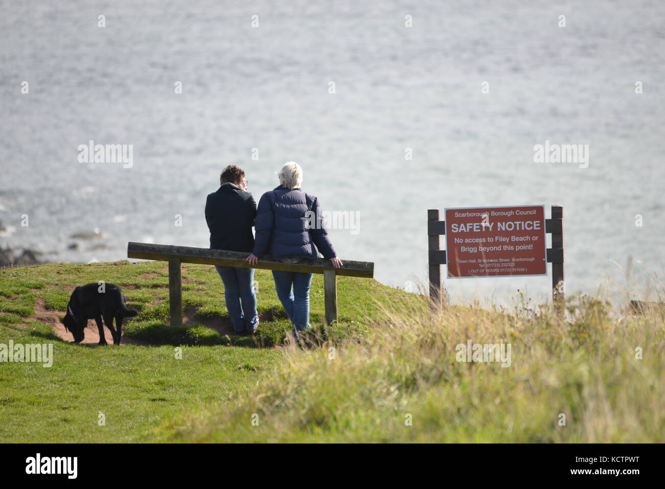 Due persone sedettero accanto a un cartello di sicurezza con il loro cane che guardava verso il mare in una soleggiata giornata autunnale, Filey, North Yorkshire UK Foto Stock