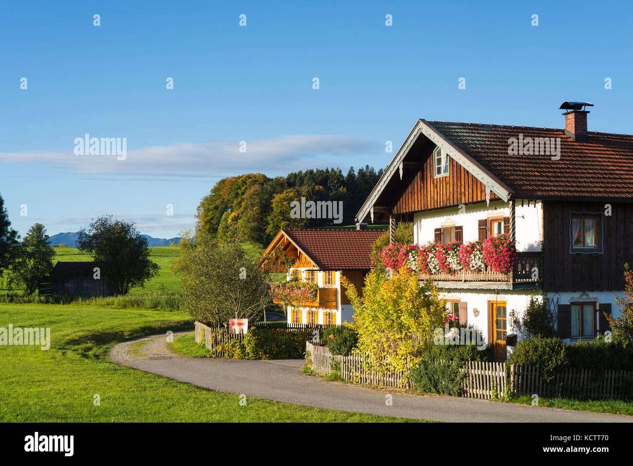 Case coloniche con facciata in legno nel tradizionale stile bavarese in Baviera con fiori che sbocciano nel sole del mattino, irschenberg, Baviera, Germania Foto Stock
