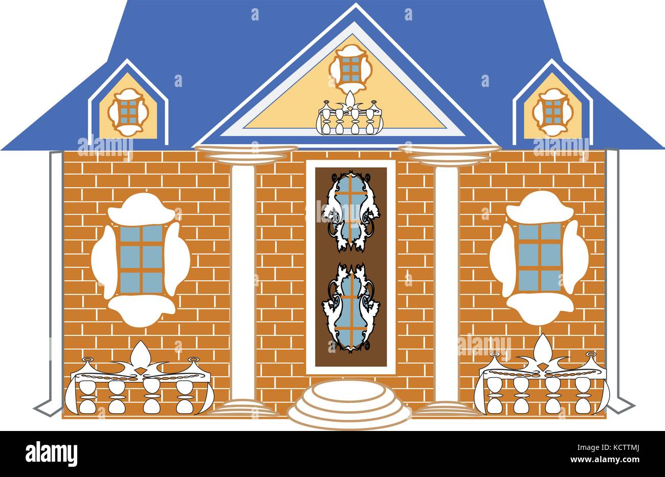 Residenziale casa in mattoni con un tetto blu e rivestimento decorativo Illustrazione Vettoriale