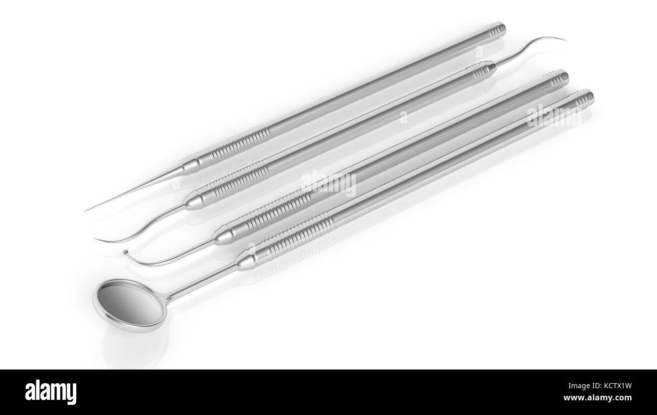 Set di acciaio inossidabile strumenti dentali isolati su sfondo bianco Foto Stock