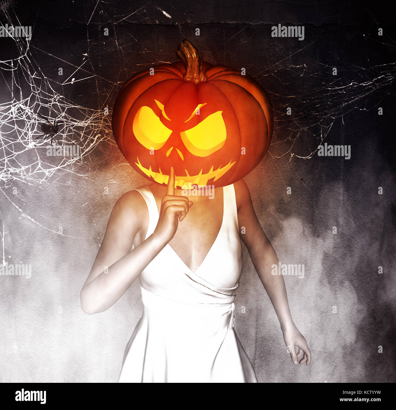 3d illustrazione della donna di zucca di Halloween capo fare silenzio gesto,i supporti misti Foto Stock
