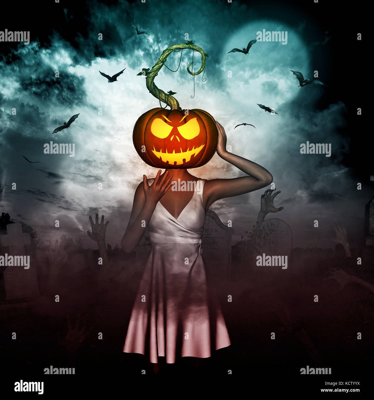 3d illustrazione della donna di zucca di Halloween testa nel cimitero,i supporti misti Foto Stock