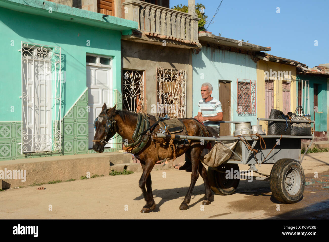 Erogazione di latte in un cavallo carrello, Trinidad, Cuba Foto Stock