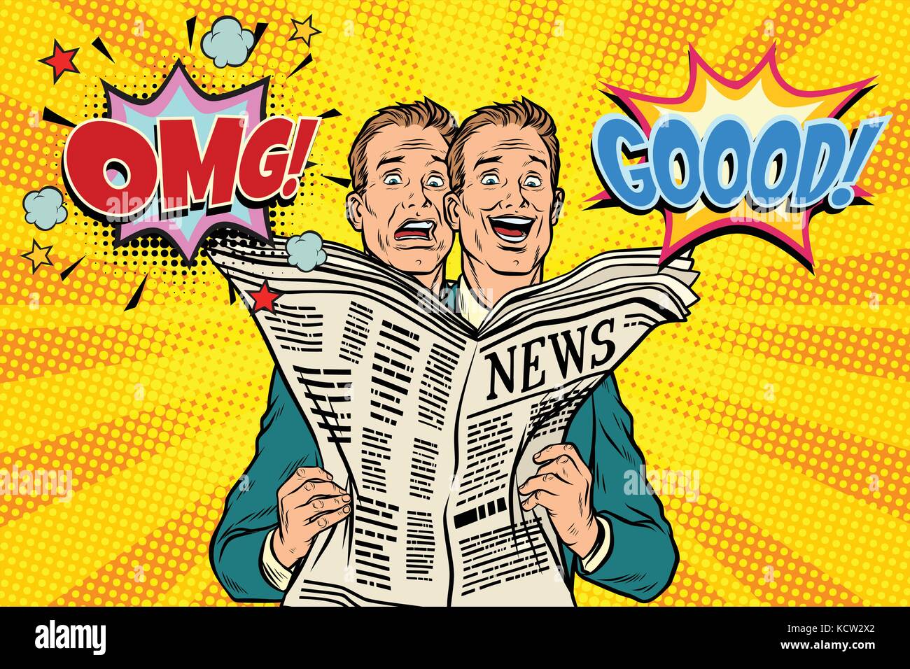 Buone e cattive notizie di giornale, la reazione di uomini. arte pop retrò illustrazione vettoriale Illustrazione Vettoriale