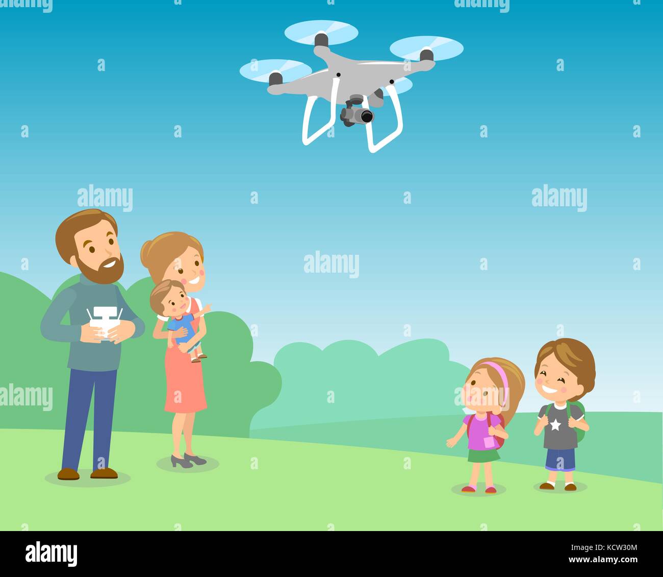 Padre il funzionamento del drone mediante un comando a distanza con i bambini nel parco. bambini cercando su quadrocopter. vettore illustrazione piatta Illustrazione Vettoriale
