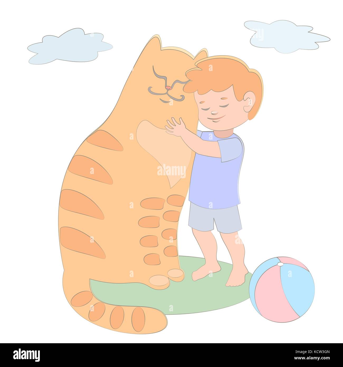 Red boy e cat cuddling sono amici. blu. verde prato. animali preferiti. illustrazione vettoriale sfera Illustrazione Vettoriale