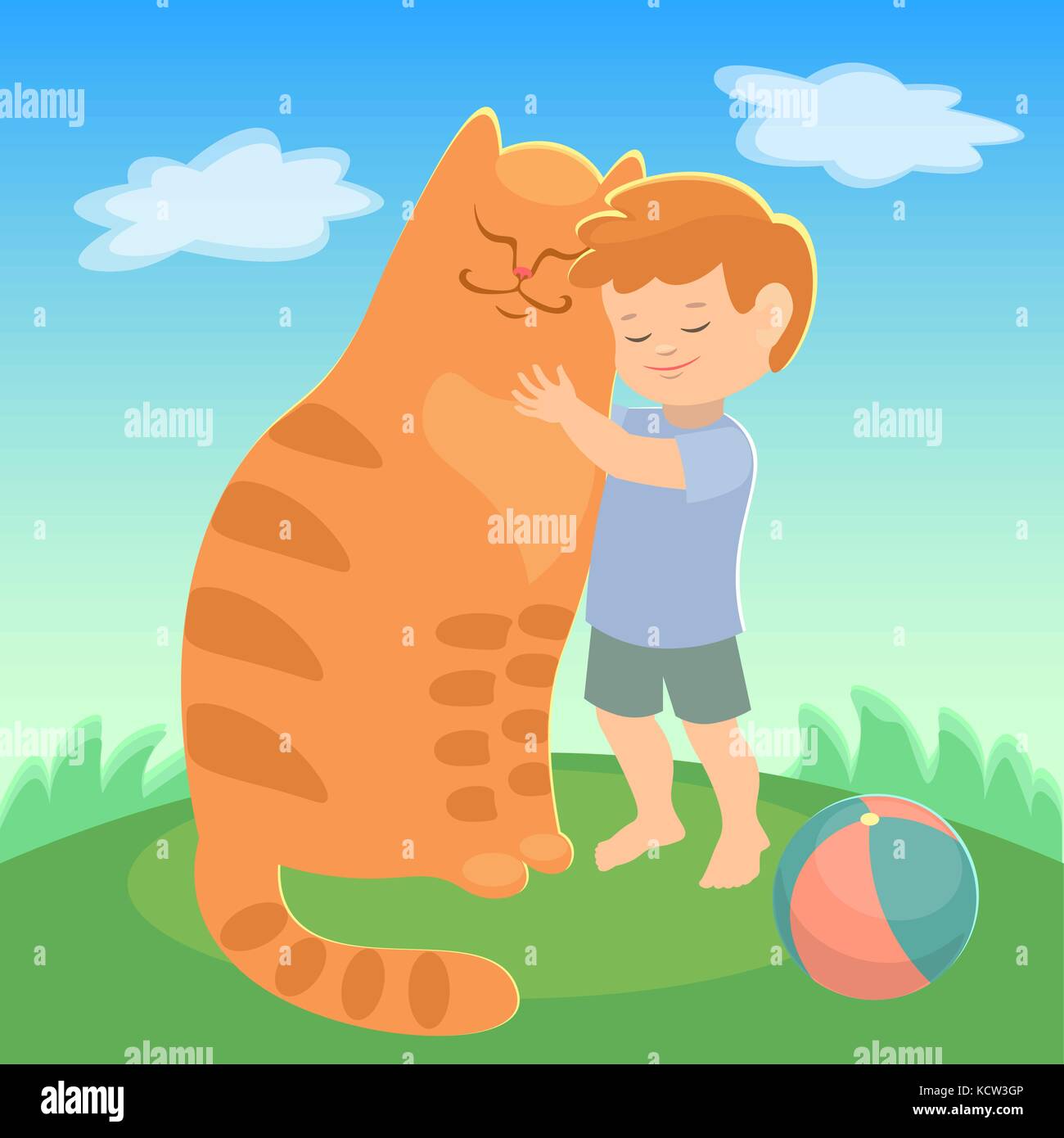 Red boy e cat cuddling sono amici. blue sky. verde prato. animali preferiti. illustrazione vettoriale Illustrazione Vettoriale