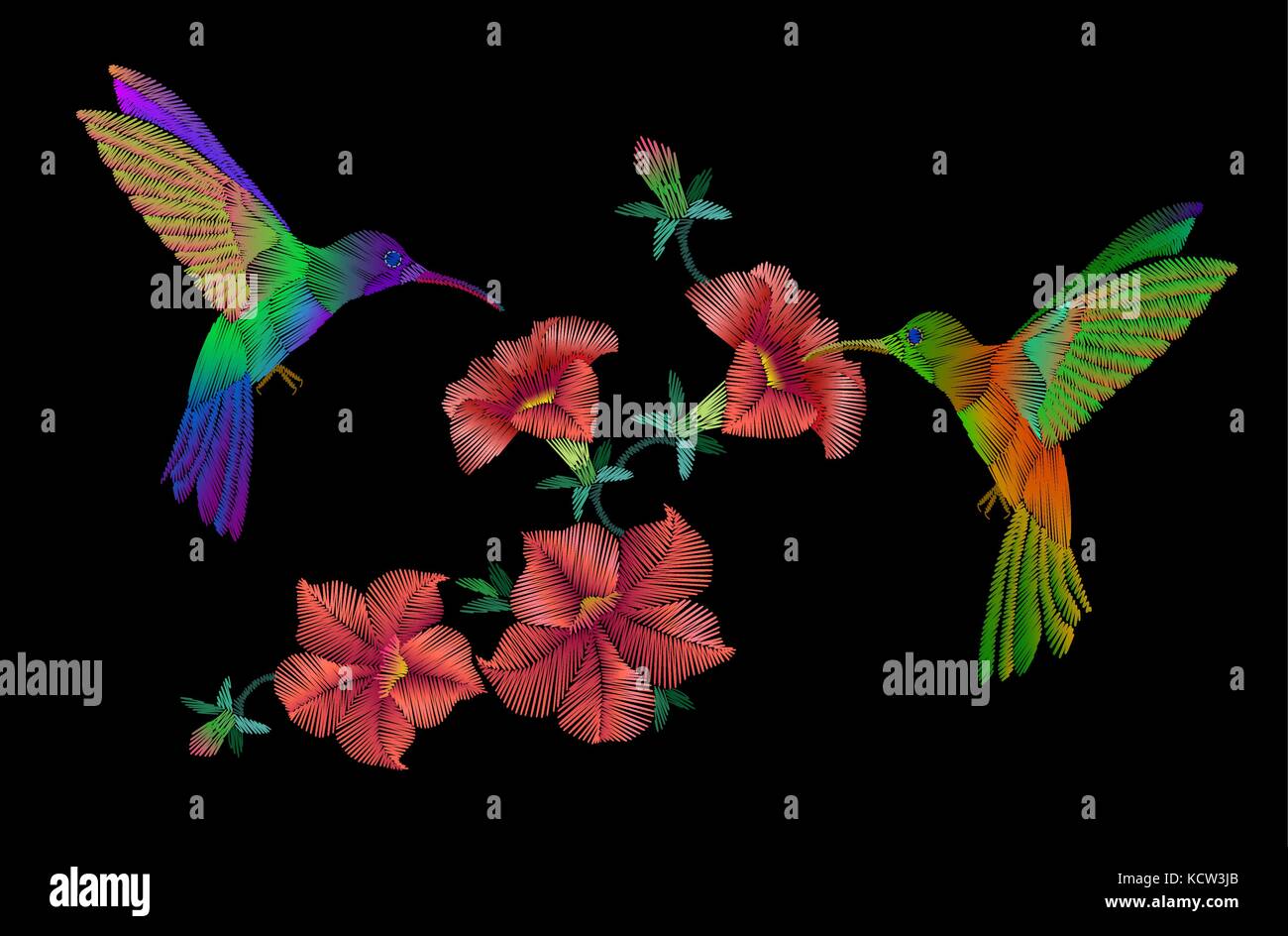Ricamo uccelli klobri sorvolare nelle petunie fiori su uno sfondo nero. abbigliamento di moda decorazione. modelli tradizionali. illustrazione vettoriale Illustrazione Vettoriale