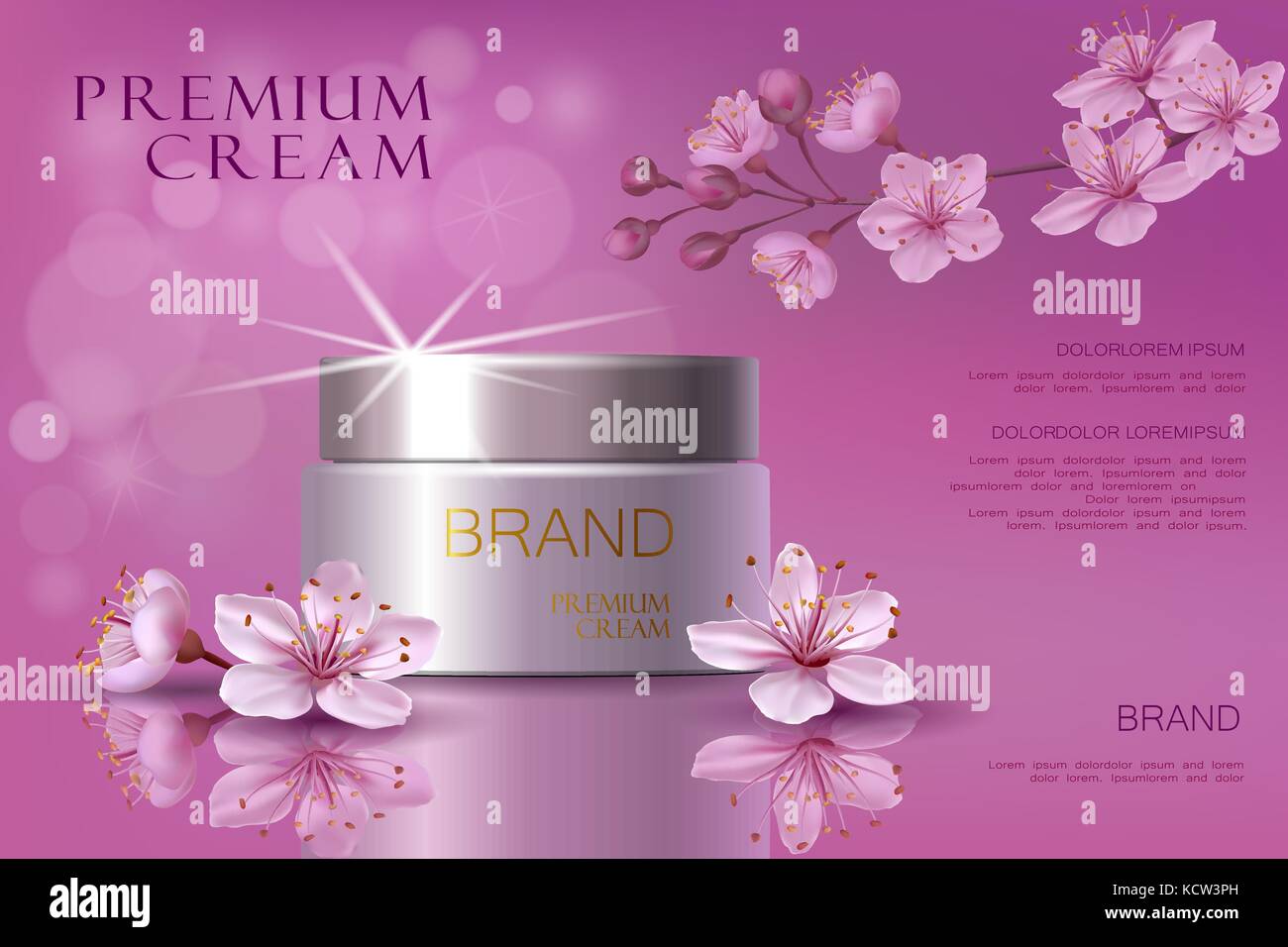 Premio vip annunci di cosmetici di lusso idratante crema per il viso in vendita. elegante colore soffice crema bottiglia maschera isolata su brillantini glitter con cherry, lucida Illustrazione Vettoriale