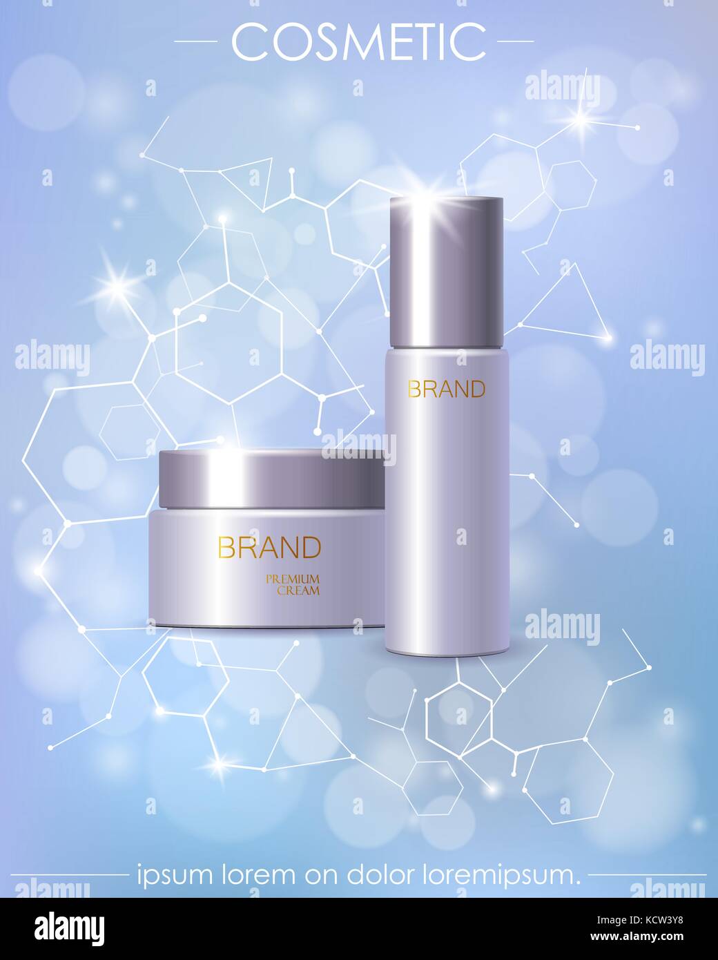 Prodotti cosmetici per il corpo crema. I vasetti per la progettazione su uno sfondo luminoso. illustrazione vettoriale molecola Illustrazione Vettoriale