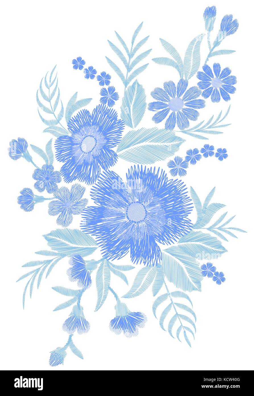Ricamato blu bouquet di fiori di campo patch di moda tessuto ornamento tradizionale etnica vintage ricamo illustrazione vettoriale arte Illustrazione Vettoriale