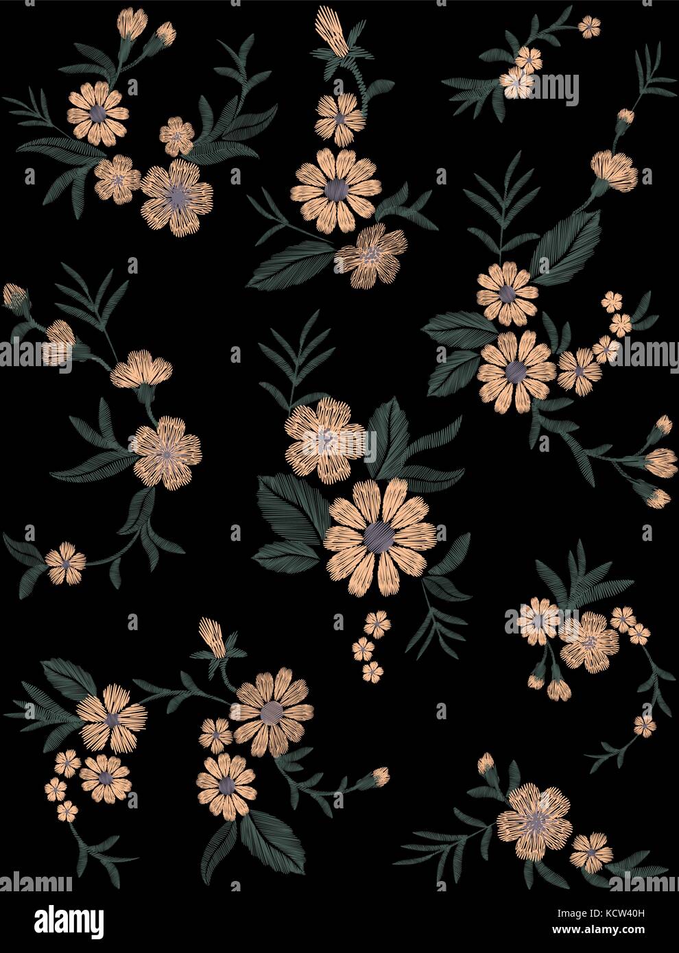 Modello senza giunture di flovers su uno sfondo nero. imitazione ricamo. camomilla, Gerber, campo, senza saldatura Illustrazione Vettoriale