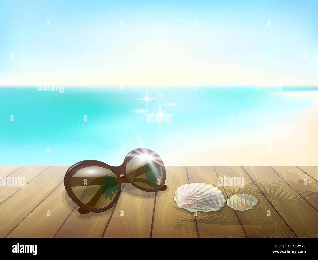 Sunny beach mock up. tavola di legno listone tabella piano. occhiali da sole mare blu oceano onde sky paradiso delle vacanze palma tropicali vettore ombra Illustrazione Vettoriale