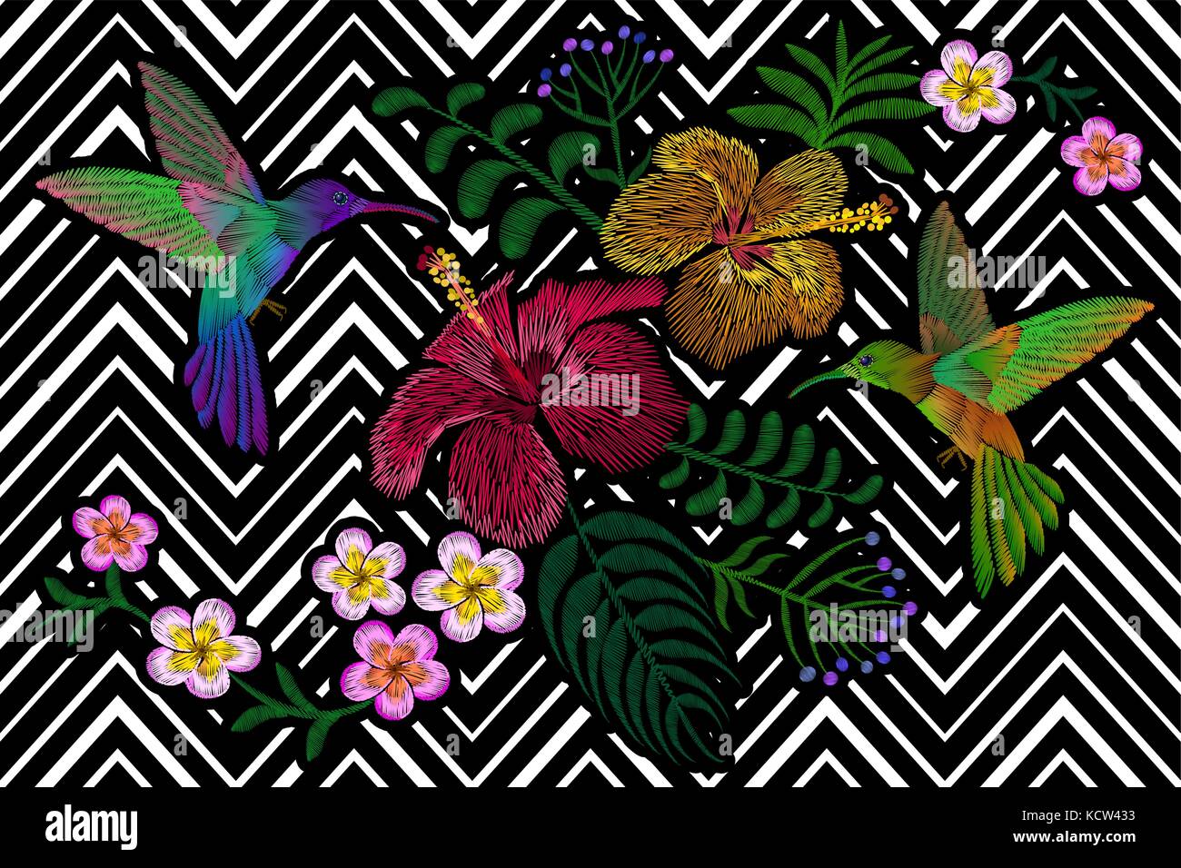 Hummingbird intorno al fiore plumeria hibiscus exotic tropical estate fiore. ricamo patch di moda decorazione stampa tessile in bianco nero stripe geometrica del modello di sfondo Illustrazione Vettoriale