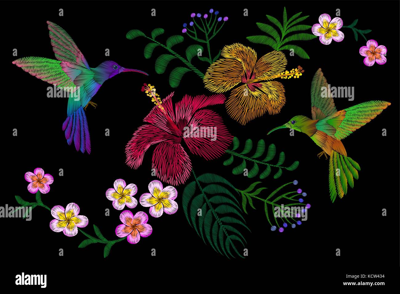 Hummingbird intorno al fiore plumeria hibiscus exotic tropical estate fiore. ricamo patch di moda decorazione stampa tessile su sfondo nero modello Illustrazione Vettoriale
