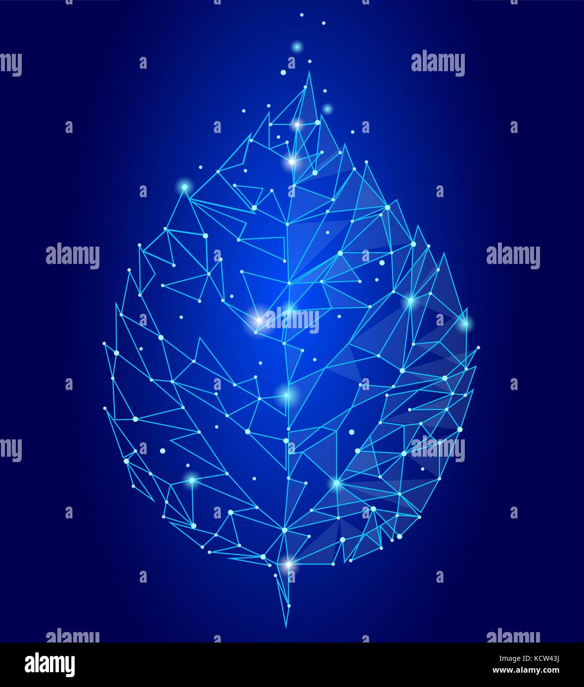 Puntini collegati punto linea foglia triangolo. eco concetto natura sfondo blu luci poligonale geometrica bassa poli modello icona illustrazione vettoriale Illustrazione Vettoriale
