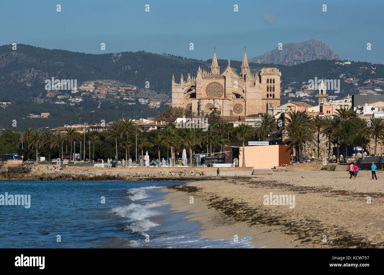 Vista della spiaggia di portixol vicino la cattedrale di Palma, Palma di Maiorca, isole Baleari, Spagna. Foto Stock