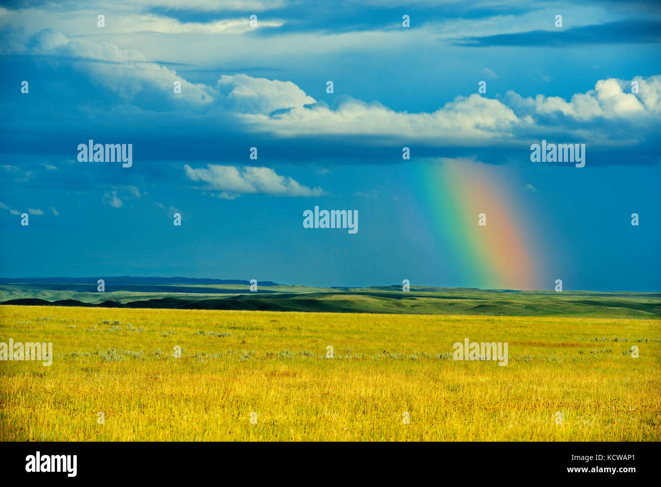 Rainbow e tempestoso cielo sopra praterie, pascoli del parco nazionale, Saskatchewan, Canada Foto Stock