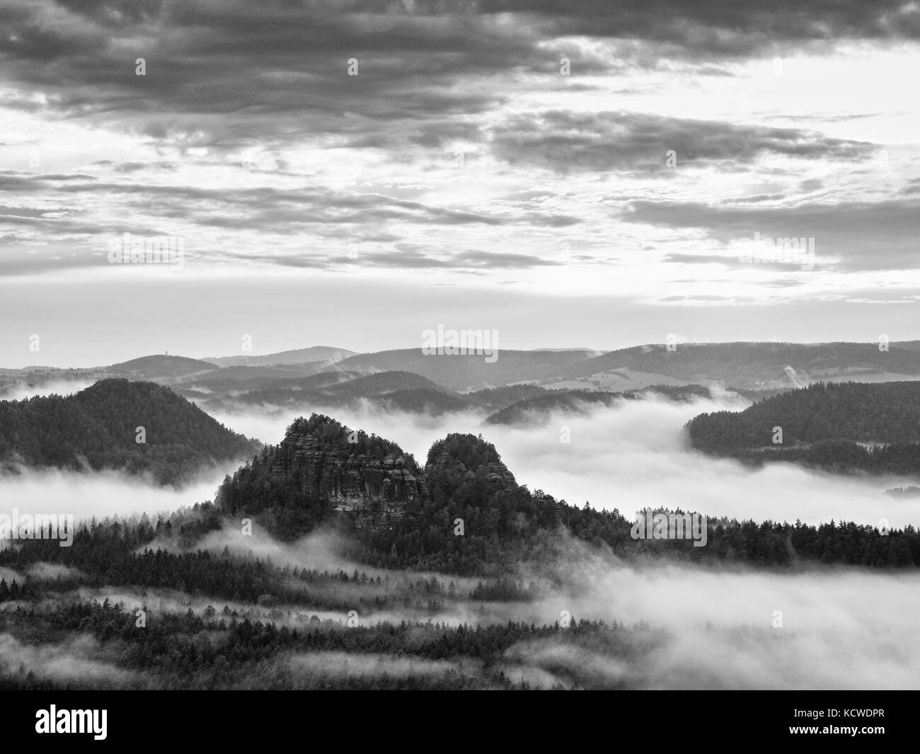 Foschia mattutina dopo heavy rain. vista nella lunga e profonda valle piena di primavera fresca nebbia. paesaggio caduta entro lo spuntar del giorno dopo la notte piovosa. nero e di Pentecoste Foto Stock