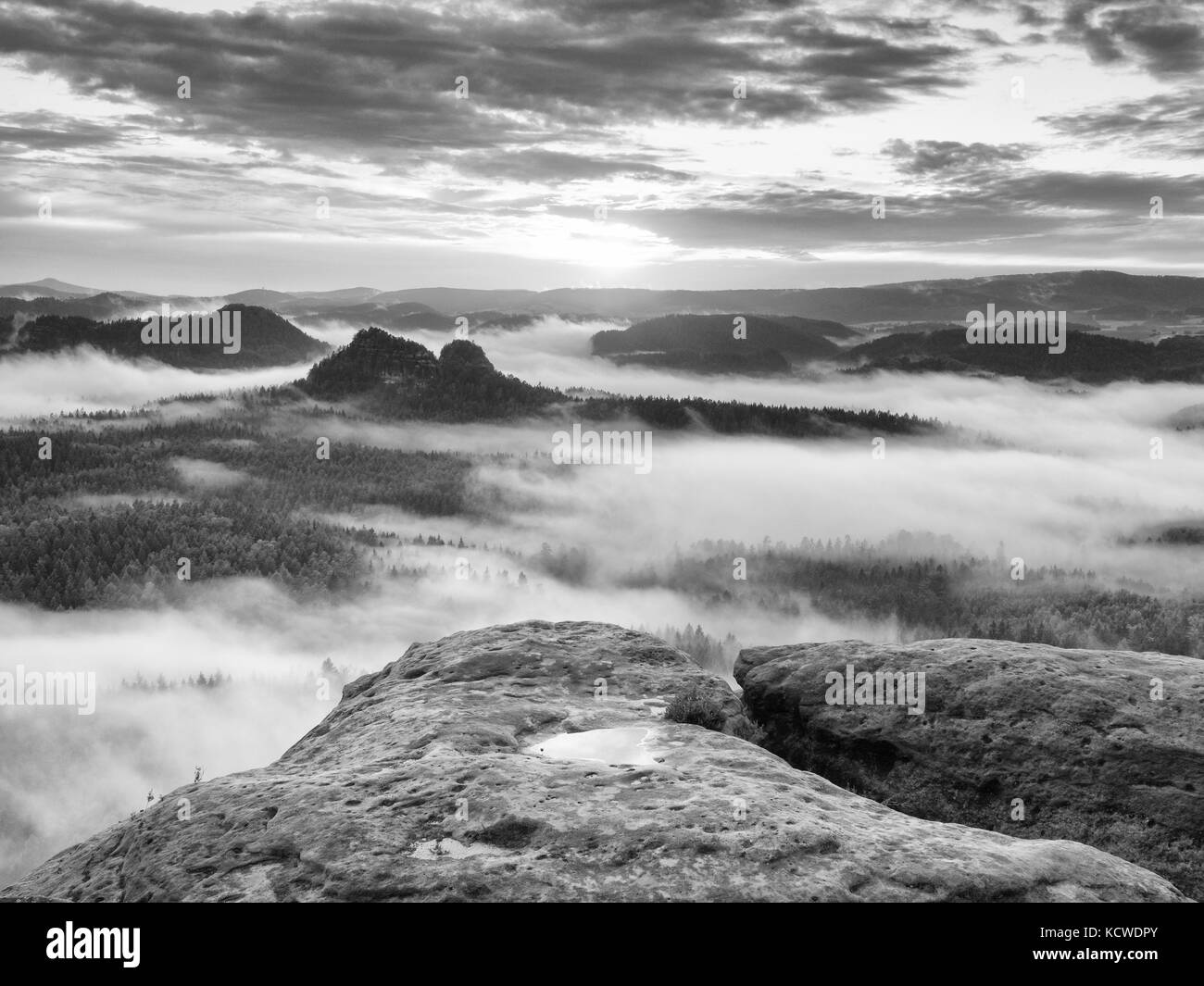 Foschia mattutina dopo heavy rain. vista nella lunga e profonda valle piena di primavera fresca nebbia. paesaggio caduta entro lo spuntar del giorno dopo la notte piovosa. nero e di Pentecoste Foto Stock