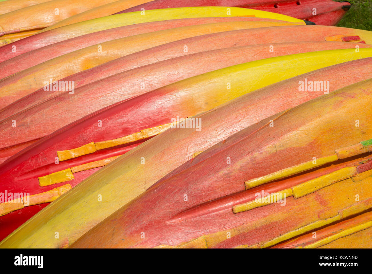 Colorato kayak o canoa essiccazione su terra. Foto Stock