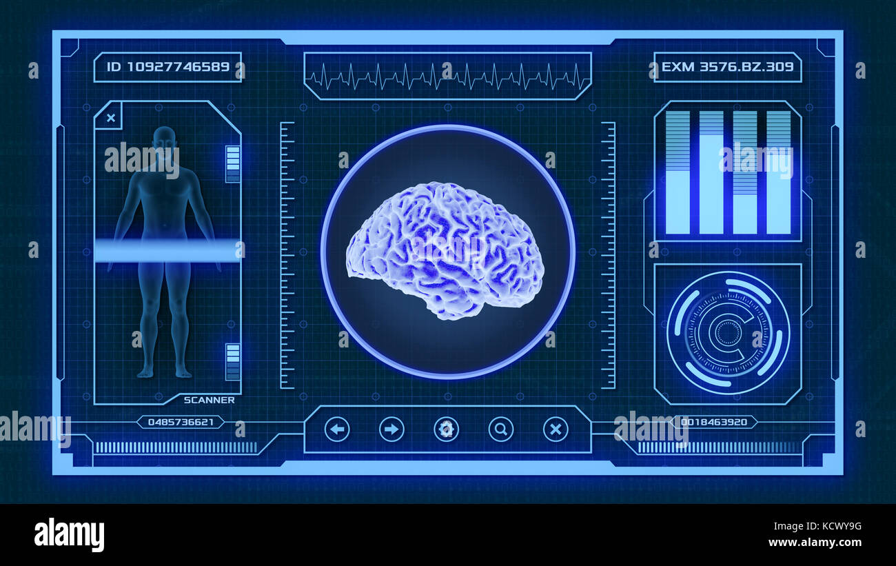 Futuristico interfaccia app per medici e scopo scientifico - cervello umano scanner (3d rendering) Foto Stock
