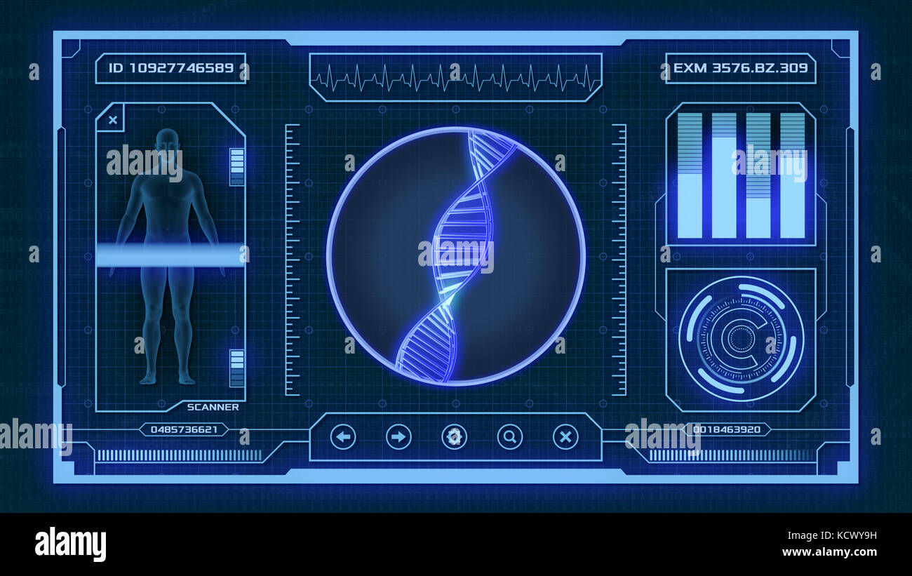 Futuristico interfaccia app per medici e scientifici - scopo il DNA umano scanner (3d rendering) Foto Stock