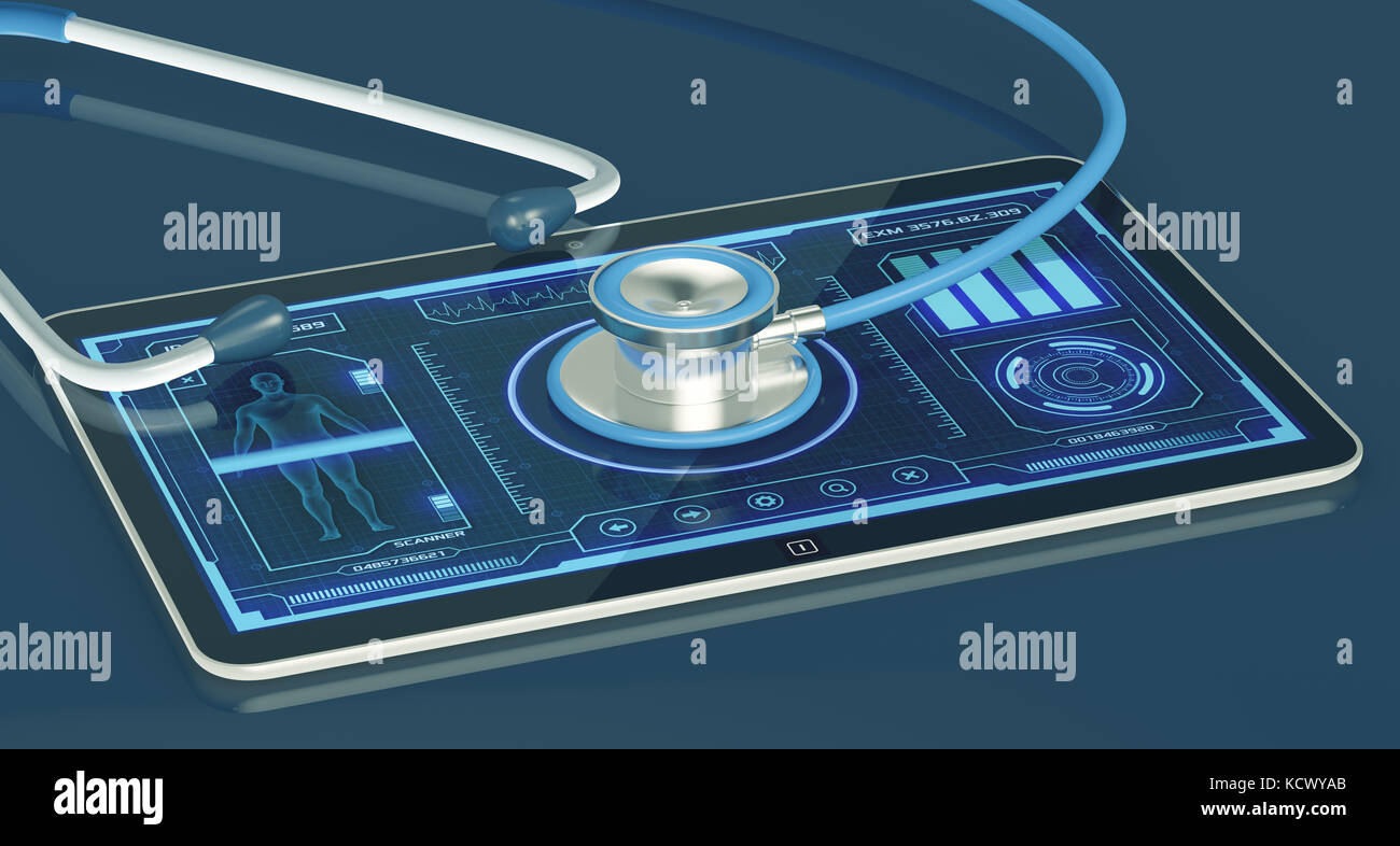 Futuristico interfaccia app per medico e scientifico, scopo, con uno stetoscopio (3d rendering) Foto Stock
