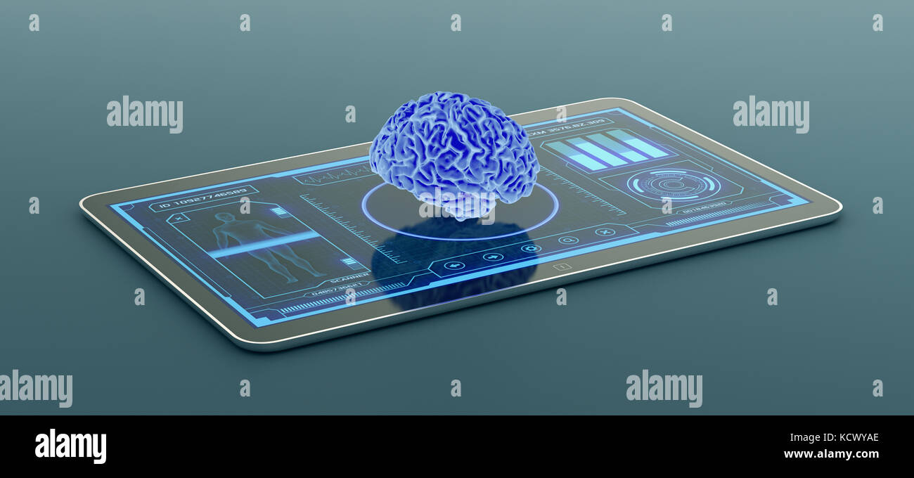 Tablet PC con una futuristica interfaccia app per medico e scientifico, scopo, cervello umano scanner (3d rendering) Foto Stock