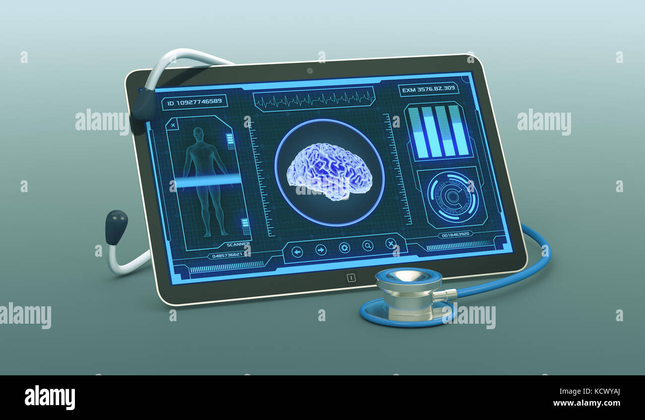 Tablet PC con una futuristica interfaccia app per medico e scientifico, scopo, cervello umano scanner (3d rendering) Foto Stock