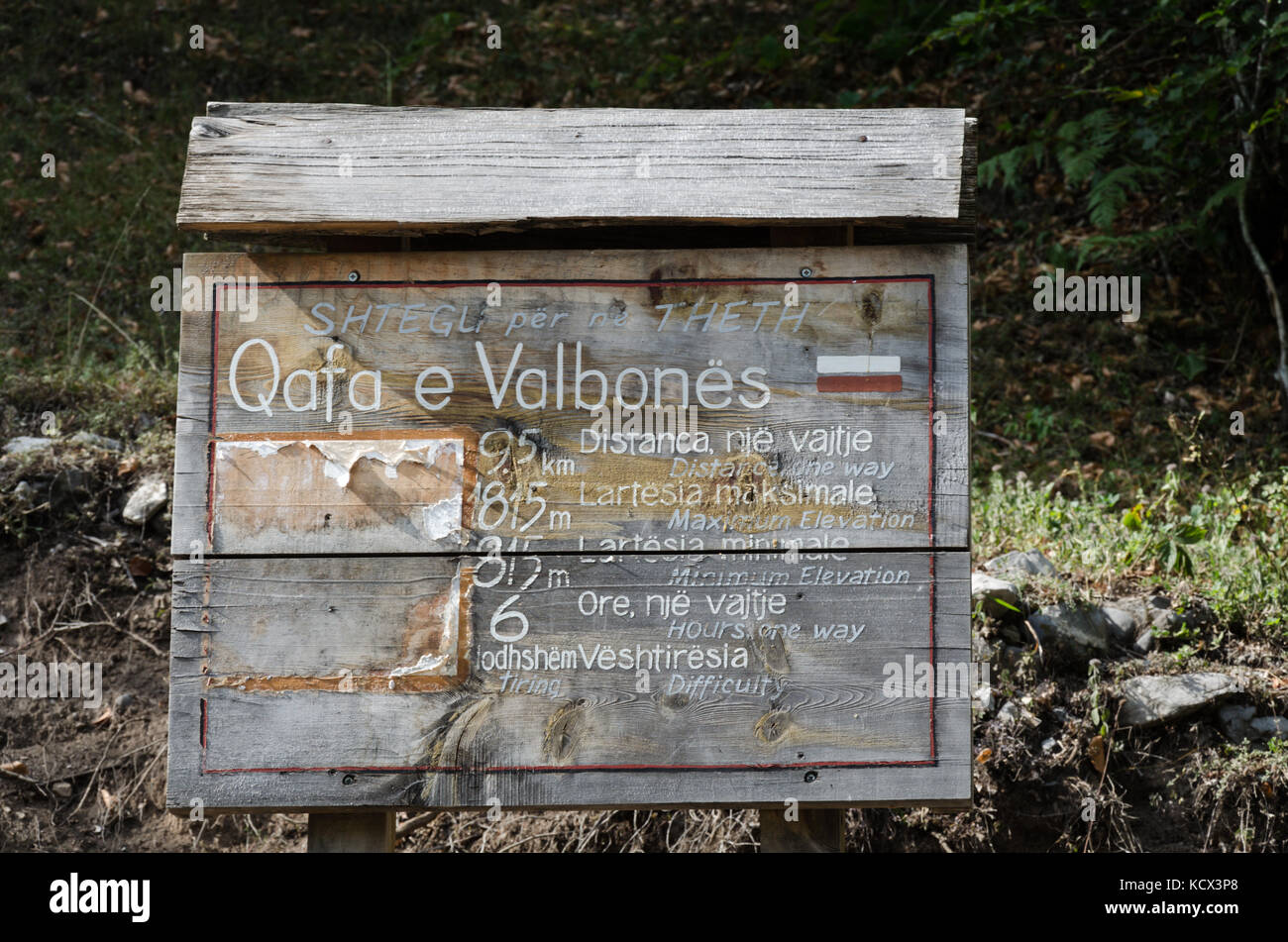 Indicando il trek da valbona a theth. Foto Stock