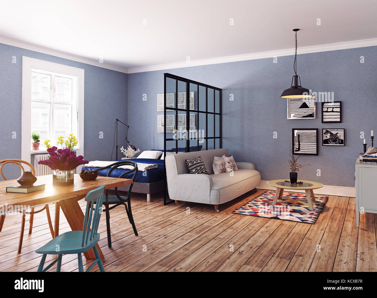 Appartamento moderno. Design scandinavo. informazioni sull'illustrazione del rendering 3d. Foto Stock