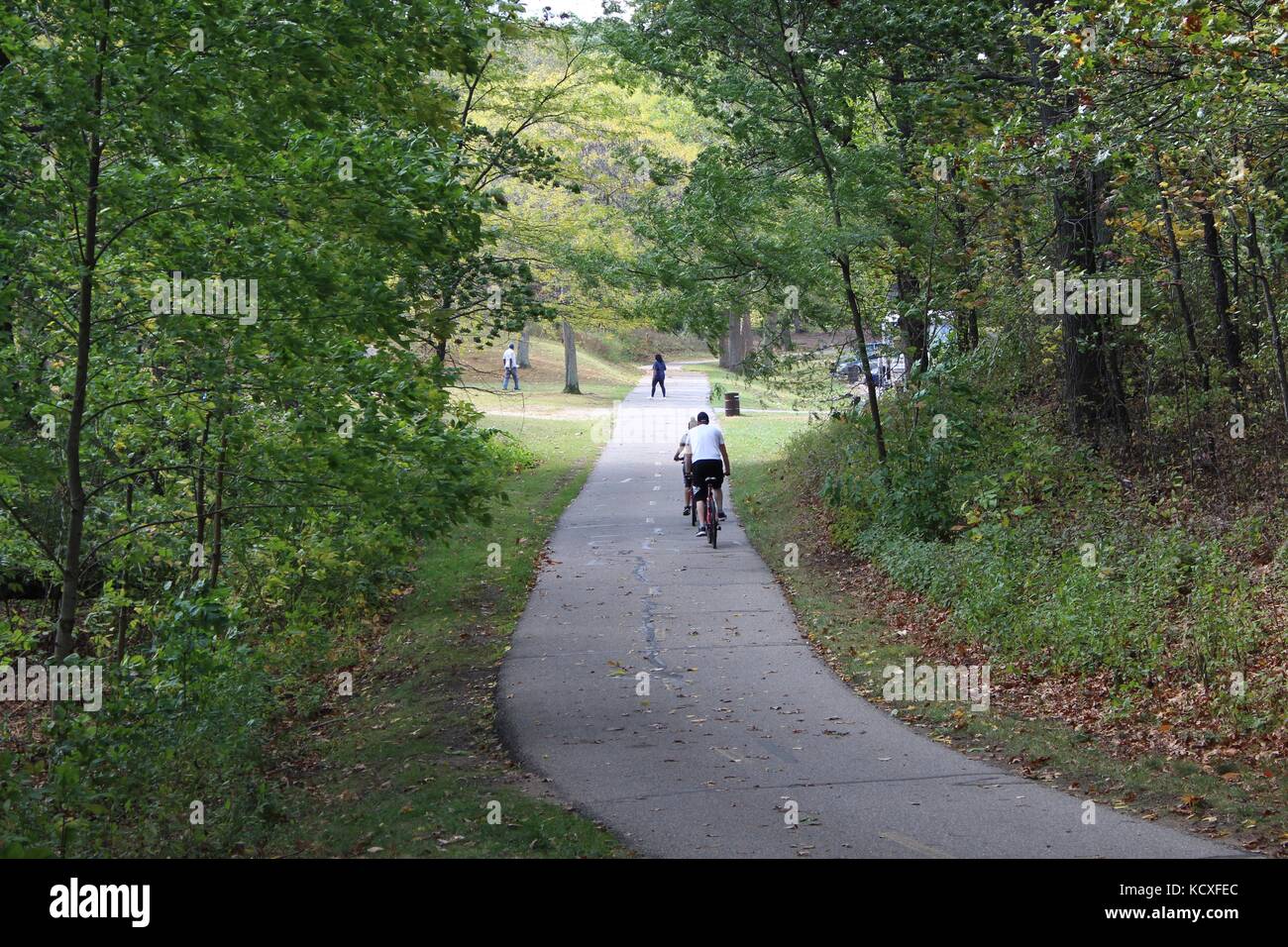 Le persone che si godono la giornata nel bosco su una mountain bike e percorso a piedi con la famiglia e gli amici al di fuori di un parco che esercitano e fitness Foto Stock