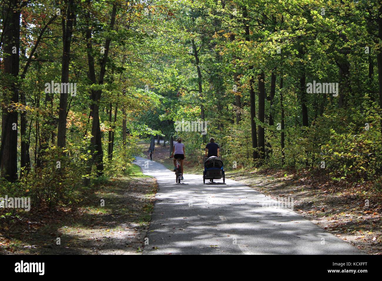 Le persone che si godono la giornata nel bosco su una mountain bike e percorso a piedi con la famiglia e gli amici al di fuori di un parco che esercitano e fitness Foto Stock