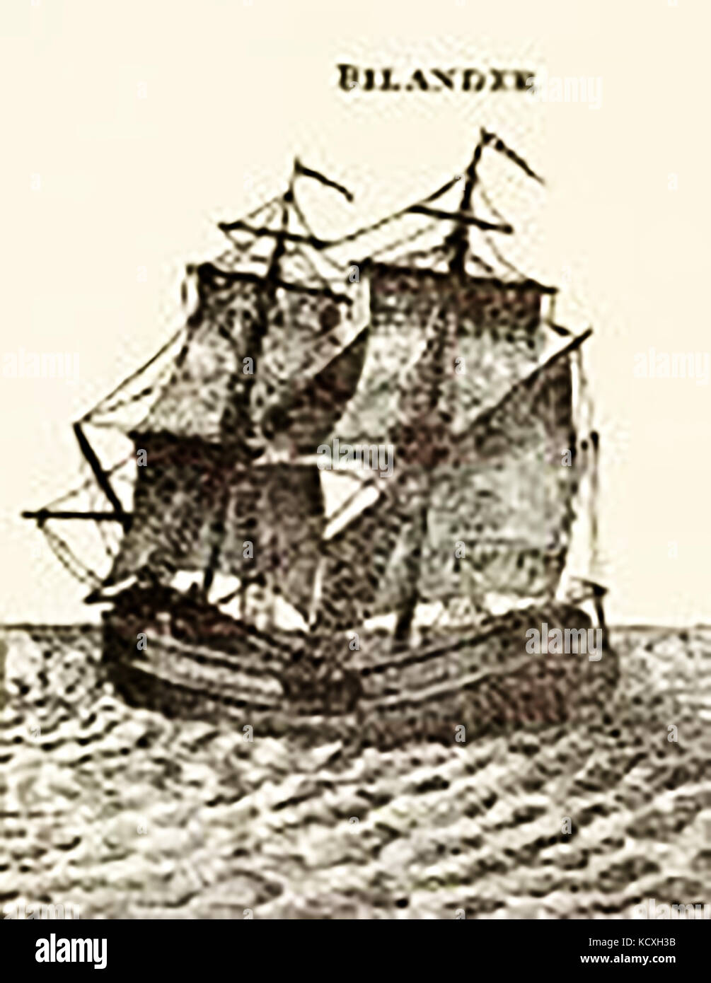 1794 Disegno di un Billander aka bilander o belandre (una piccola comunità nave mercantile con due montanti truccate in modo diverso rispetto alle altre due navi masted) Foto Stock