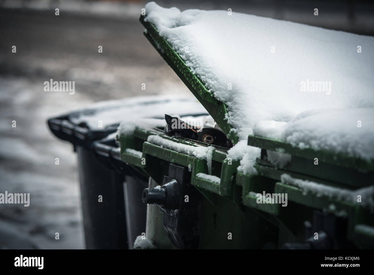La polvere trash bin in inverno la neve Foto Stock