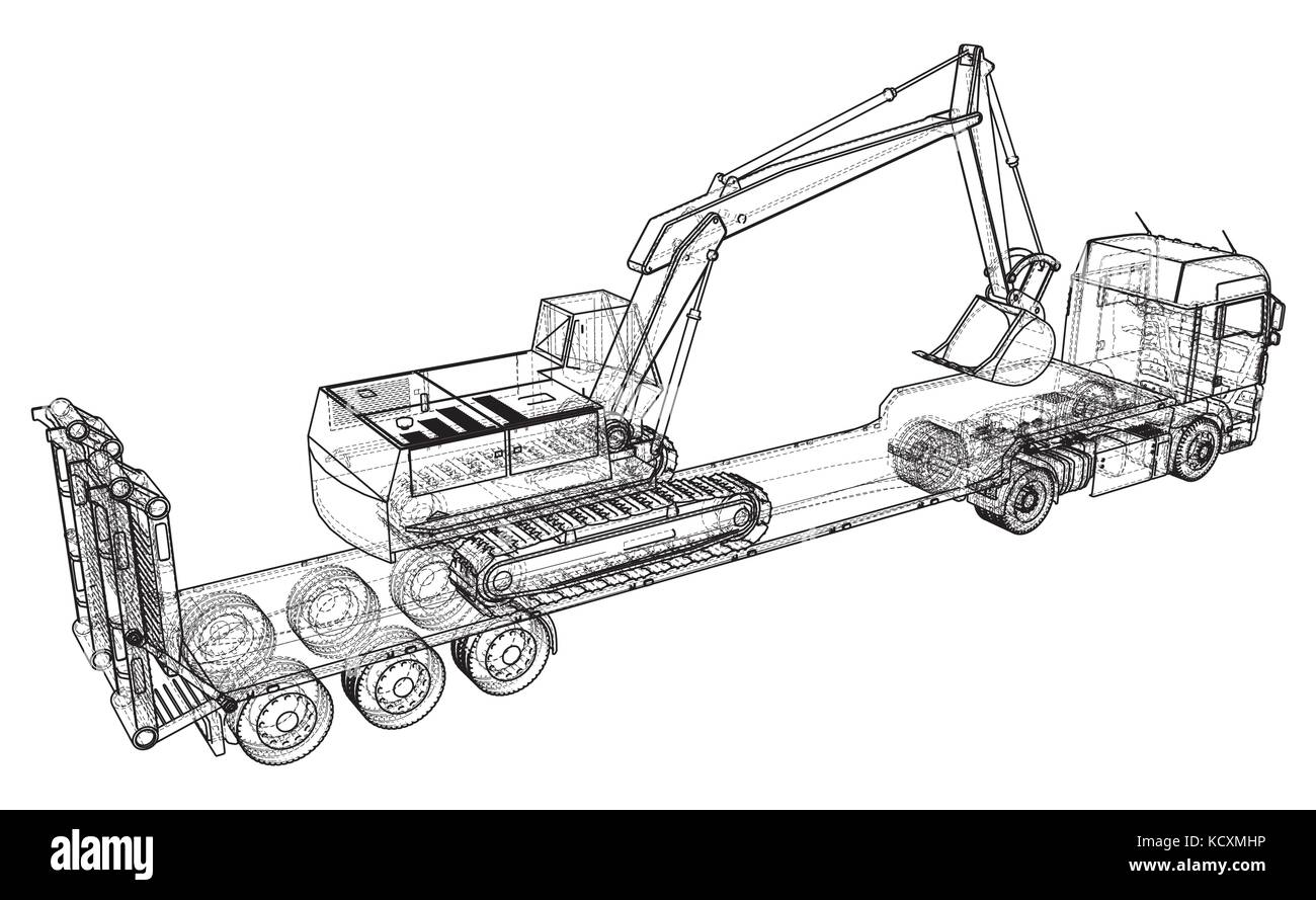 Letto basso camion rimorchio e escavatore. filo-telaio. eps10 formato. vettore creati di 3d Illustrazione Vettoriale