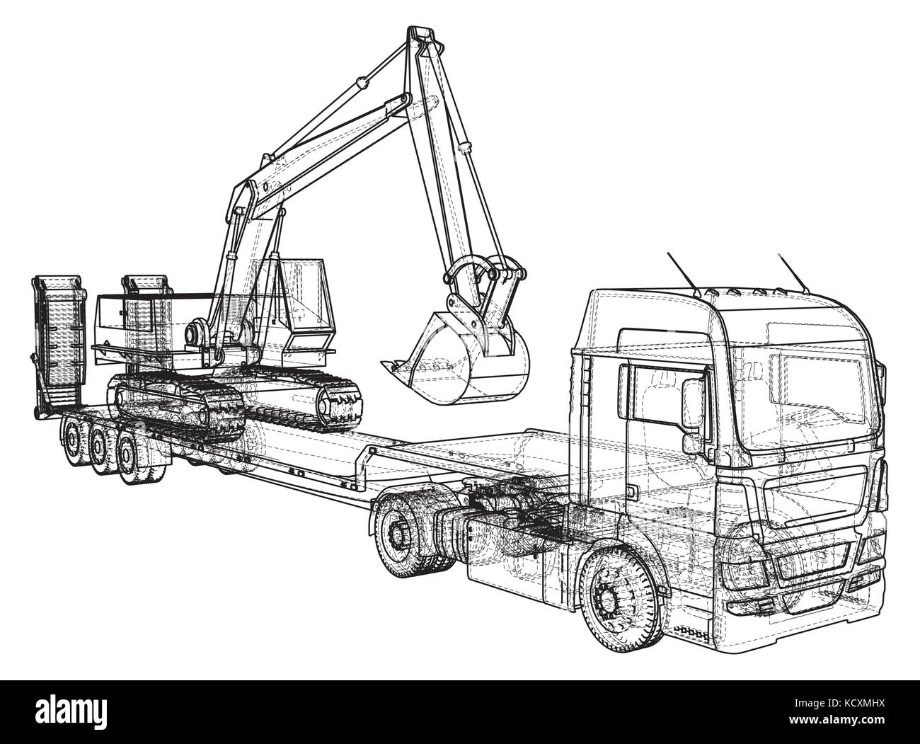 Letto basso camion rimorchio e escavatore. filo-telaio. eps10 formato. vettore creati di 3d Illustrazione Vettoriale