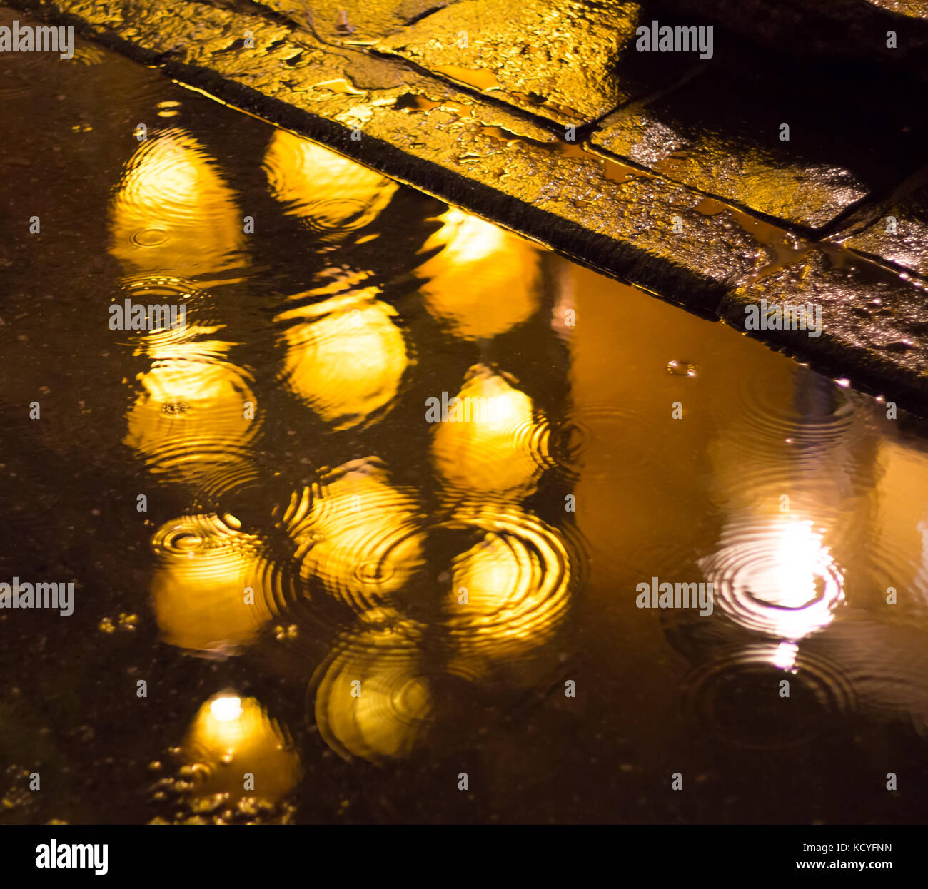 La riflessione della luce sul bagnato rainy street Foto Stock