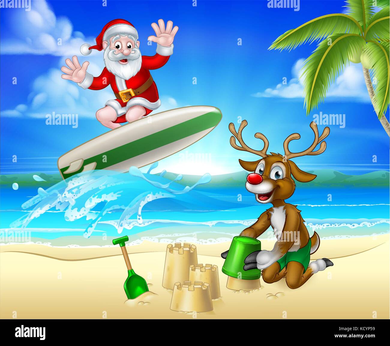 Santa Surf e renna sulla spiaggia tropicale Illustrazione Vettoriale