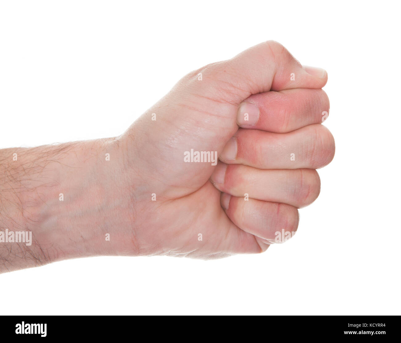 Close-up uomo la mano stringendo il pugno su sfondo bianco Foto Stock