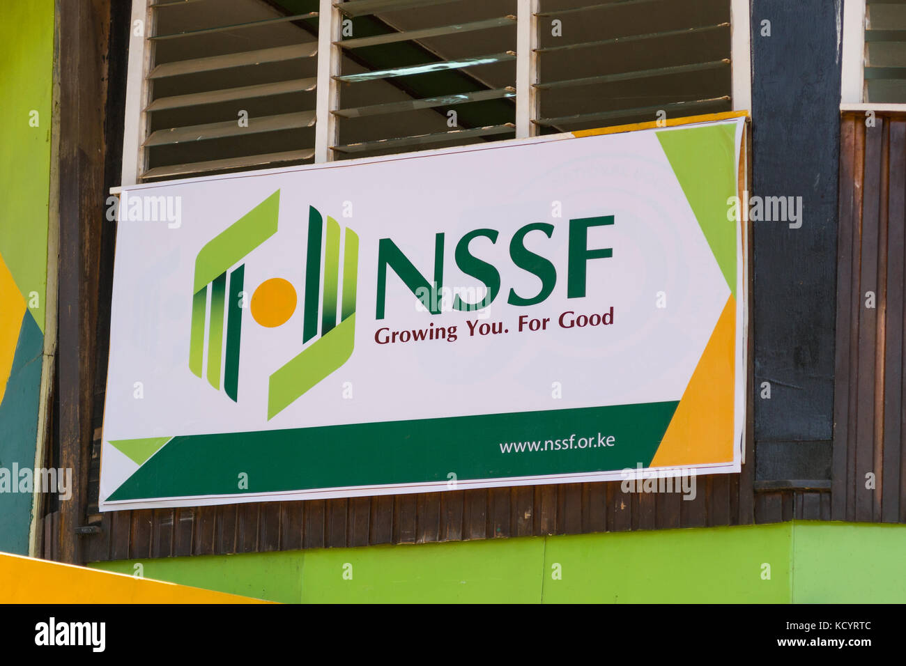Nazionale di Previdenza Sociale NSSF segno, Nairobi Fiera Internazionale, Kenya Foto Stock