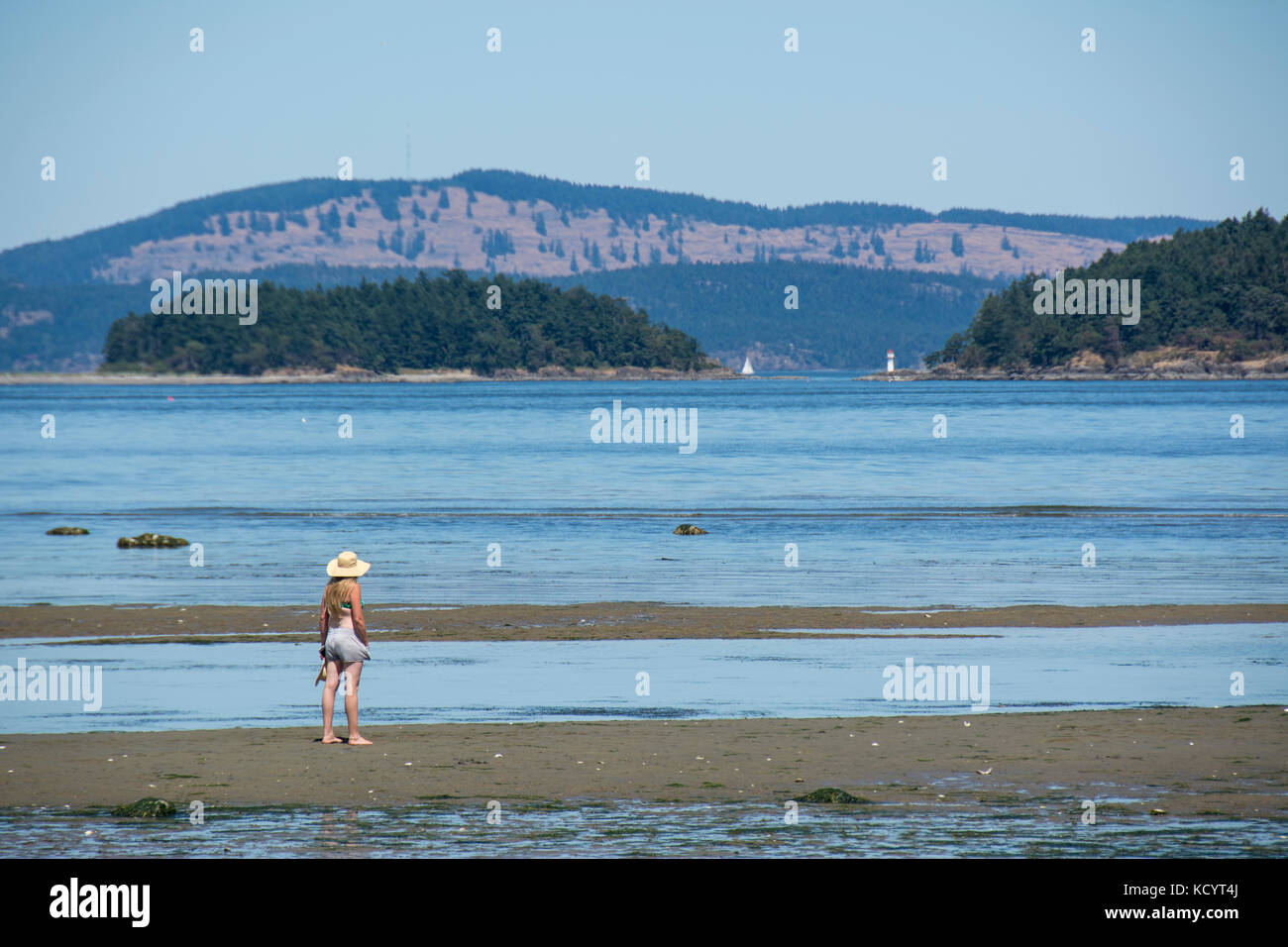 Spiagge di Sidney isola guardando verso le isole del golfo e le Isole San Juan, British Columbia, Canada Foto Stock