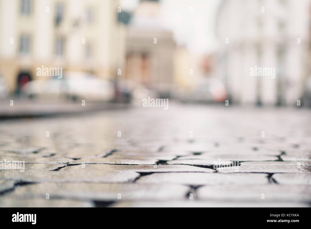 Bassa angolazione del wet vecchio marciapiede in Tallinn con messa a fuoco poco profonda Foto Stock