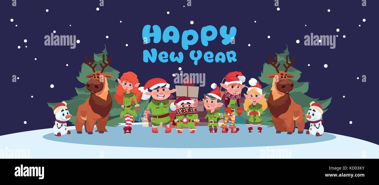 Sfondo di Natale con renne ed elfi | Vettore Premium